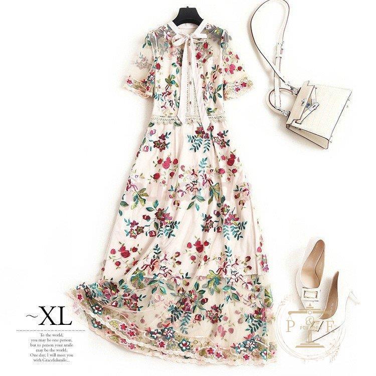 買い物代行 ドレス ワンピース ゴージャス ボウタイ襟 リボン 花柄 総柄 シアー素材 刺繍 レース 透け感 五分袖 ロング丈 珍しい かぶらない 安心のインターネット Stavpechati Ru