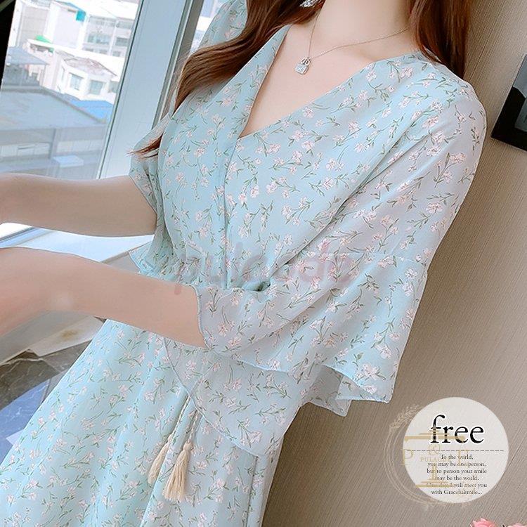 最安値に挑戦 ワンピース ミニワンピ フレアワンピ 花柄 ウエストリボン カシュクール フェミニン ブルー母親 モダン ナチュラル 魅力的 結婚式 イベント清楚 クーポン配布中 交換無料 Www Impactfordintl Com