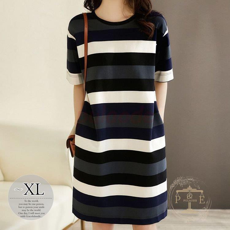 代引き人気 膝丈ワンピ オフィスカジュアル ボーダー柄 ラウンドネック ワンピース シンプルな着こなしでお洒落に決まる ナチュラルコーデ 母親 リモート ママ カジュアルウェア ワンピース チュニック