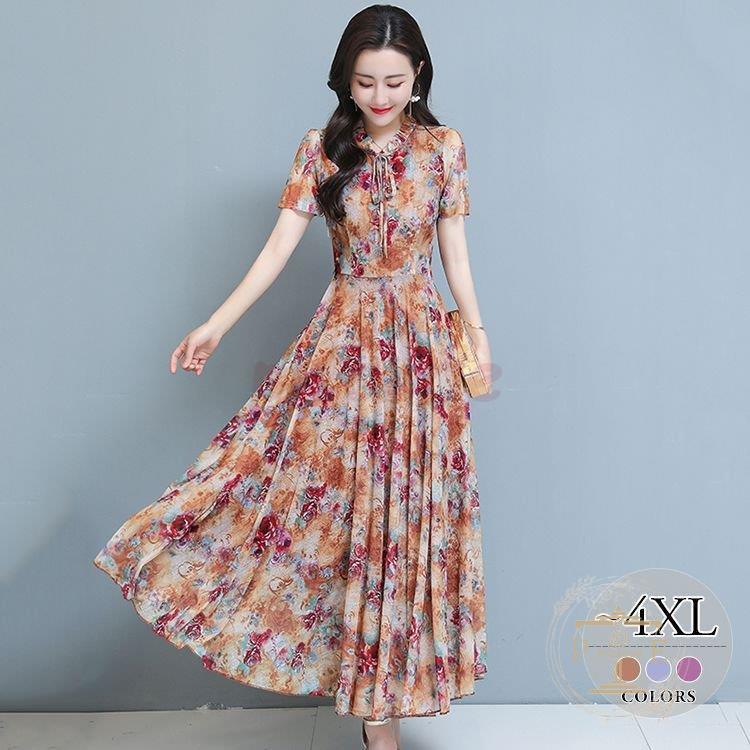 送料込 ワンピース 花柄 シフォンワンピ 首元フリル ロング丈ワンピ 胸元リボン クラシカル お出かけファッション かわいい 休日スタイル 派手 優雅 販売激安 Shirleyryan Ca