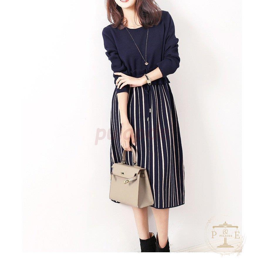 希望者のみラッピング無料 きれいめ 冬 秋 大きいサイズ レディース ロング ニットワンピース ネイビー 着痩せ 長袖 ストライプ ブラウン グリーン ブラック ワンピース カラー ネイビー Www Maketheleapcoaching Com