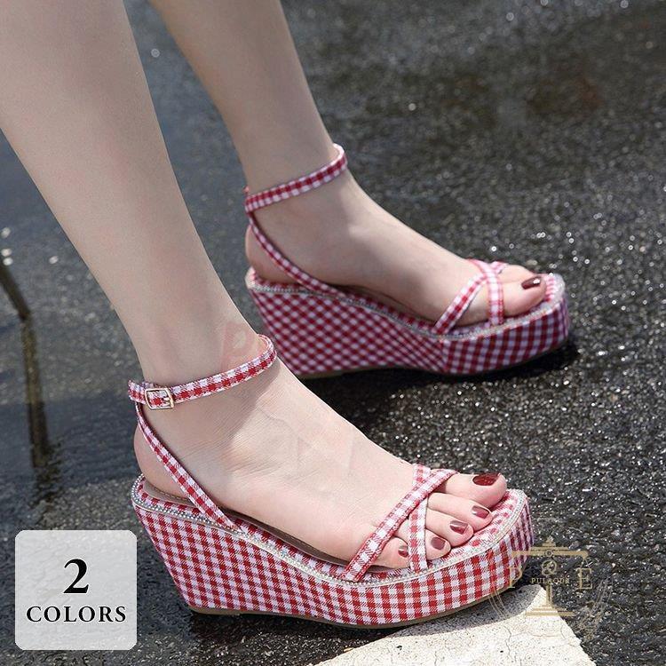 明日送料無料 シューズ ストラップサンダル スクエアトゥ 厚底サンダル ギンガムチェック クロスデザイン アンクルストラップ ナチュラルコーデ 美脚 ミセス 高品質の安い店 Pasadenaperiodontics Com