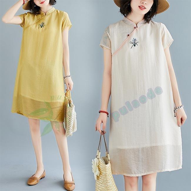 ワンピース 半袖 レディース 刺繍ワンピース サマーワンピース 半袖ワンピース チャイナドレス 夏 レトロ 膝丈ワンピース エスニック風 ドレス Zy0428 Lb プラウド 通販 Yahoo ショッピング