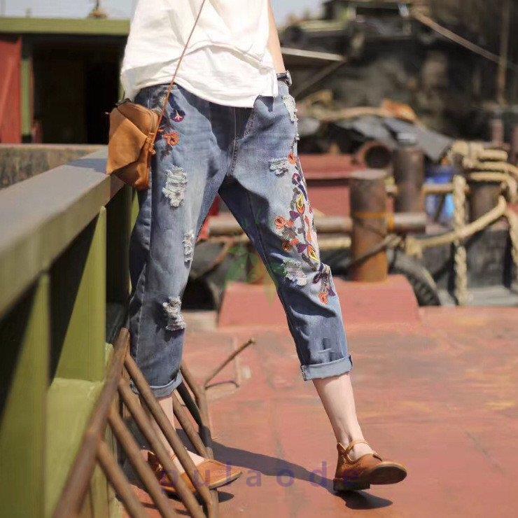 デニムパンツ レディース 七分丈 ジーパン デニムパンツ 春 8分丈ジーンズ 夏カジュアルパンツ花柄 ボトムス 森ガール風 ズボン ジーンズ 刺繍 Zy0514 Xia187 プラウド 通販 Yahoo ショッピング
