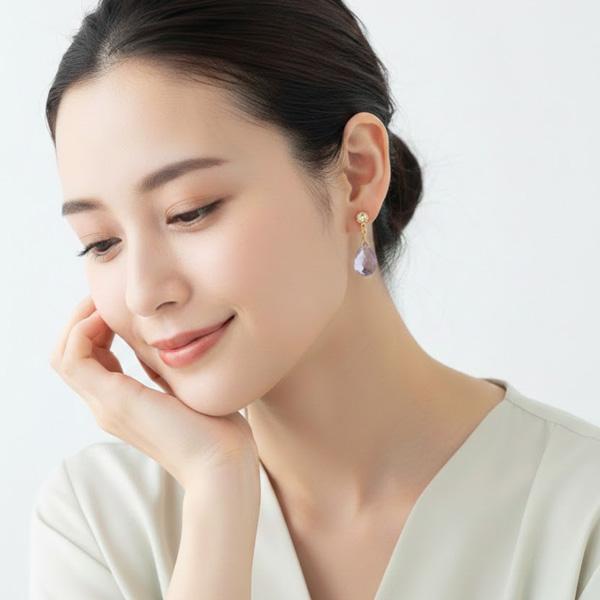 イヤリング 天然石 アメジスト 痛くない 揺れる 50代 40代 貼るピアス |  | 02