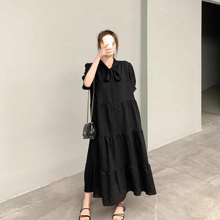 大きいサイズ レディース 胸元リボン ブラック ロング ワンピース S