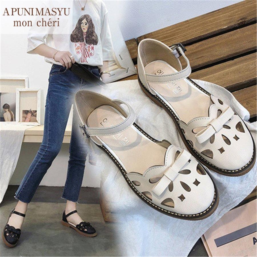 レディース サンダル パンプス 雕り ストラップ ぺたんこ 春 夏