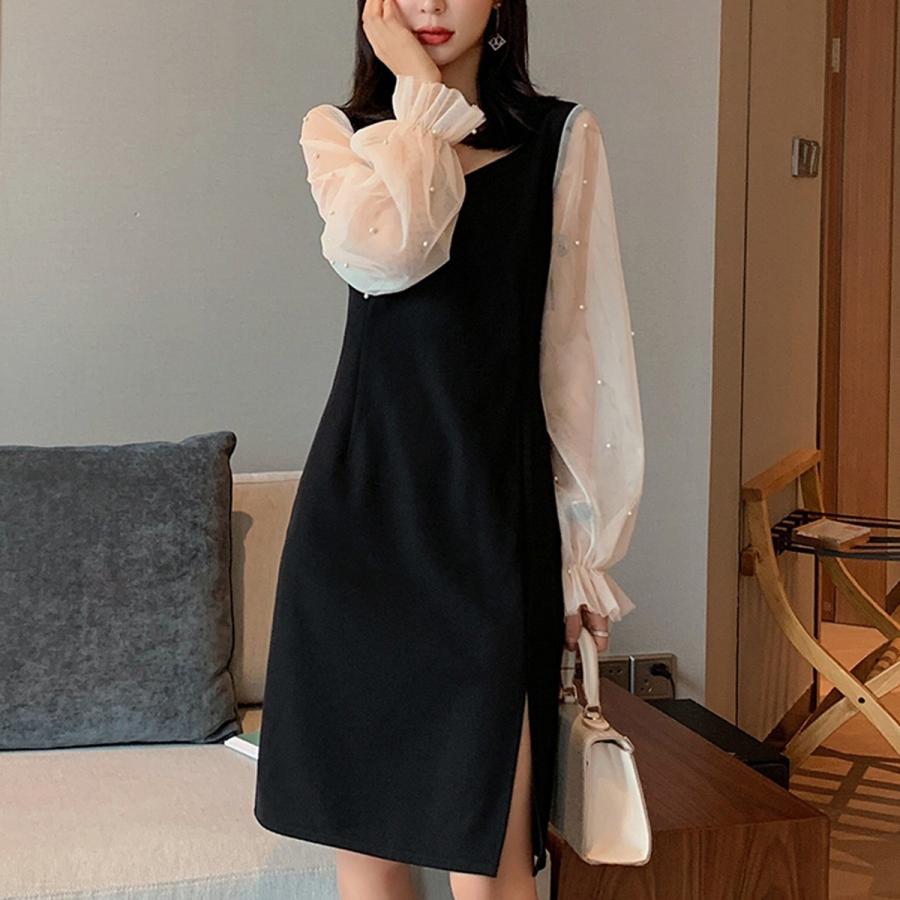 大きいサイズ秋冬にぴったりパール袖レースひざ丈ワンピースL〜4XLまで対応