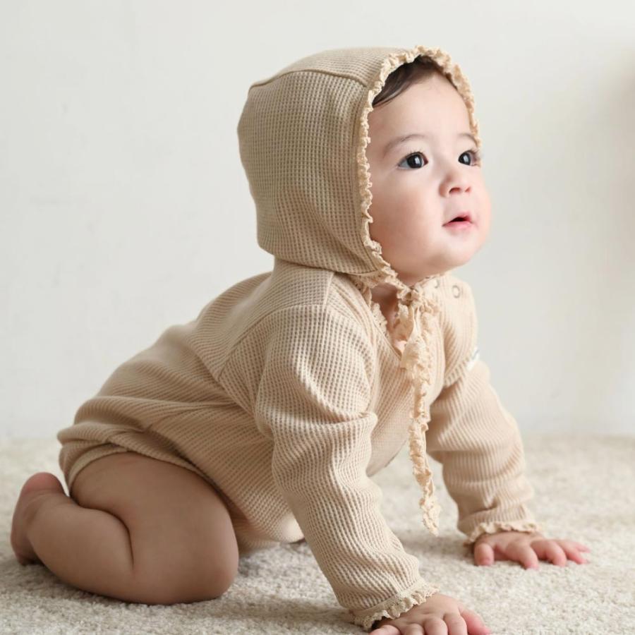 PUPPAPUPO 長袖 ロンパース ボンネット付き ワッフル 綿100 無地