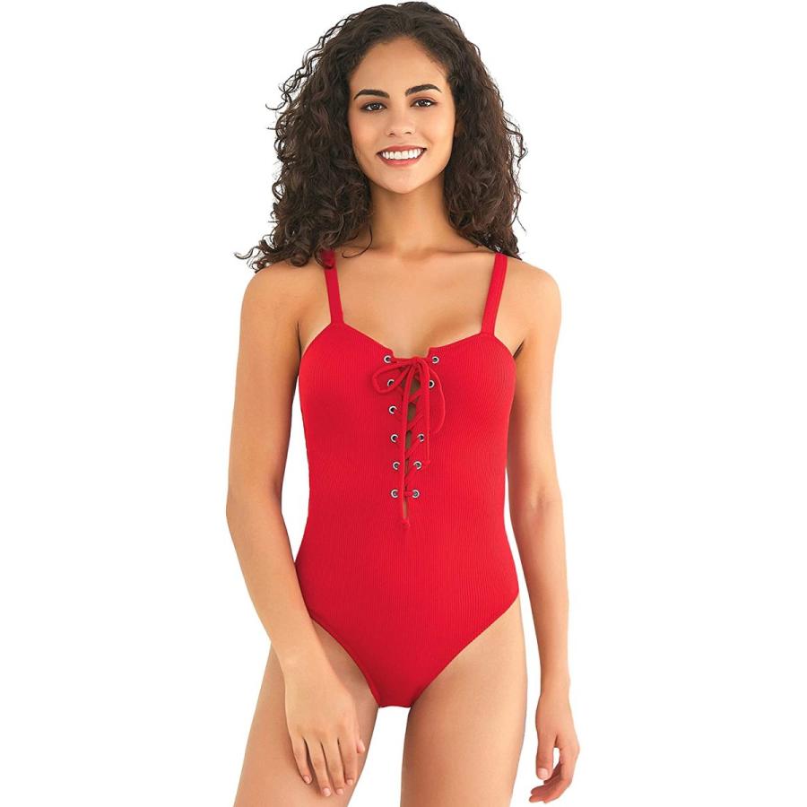 安い通販店 Shekini レディース リブ編みワンピース水着 レースアップ ハイカット モノキニ 水着 Us サイズ Small カラー レッド ストックセール Www Superavila Com