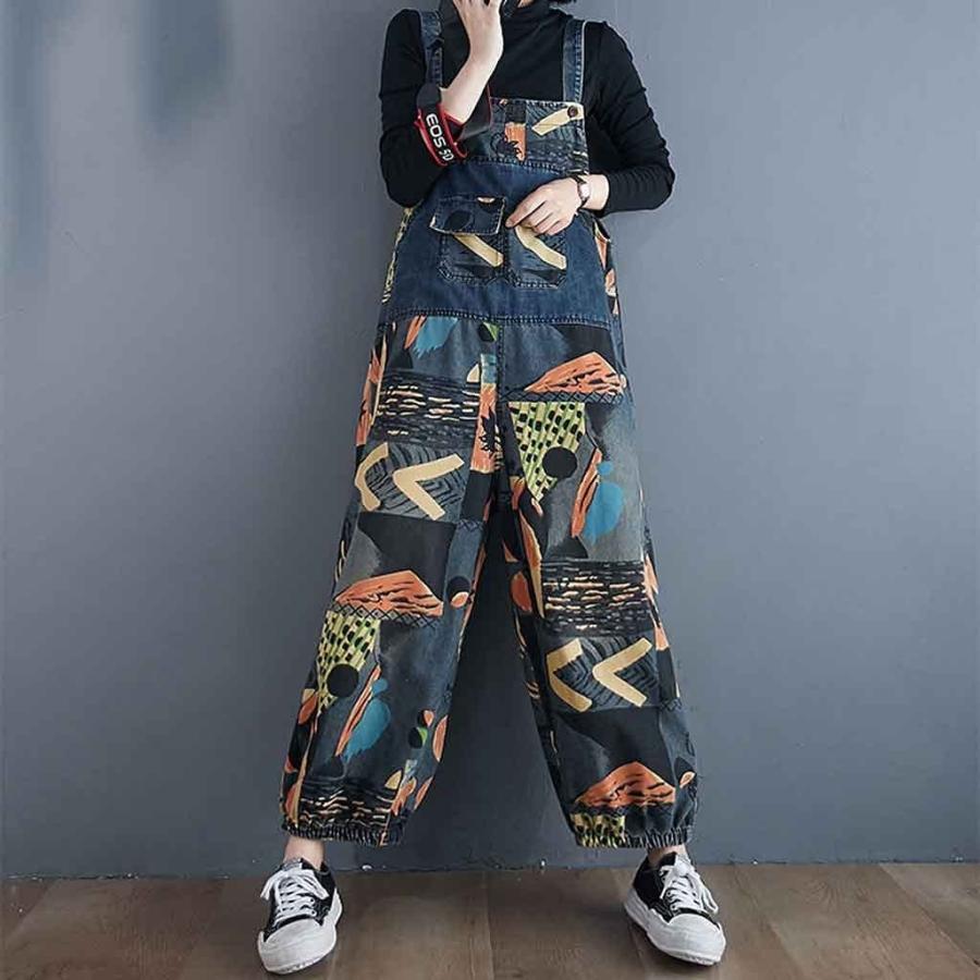 本物新品保証 Xleve 女性の抽象印刷デニムジャンプスーツロンパース新しいポケットルースルースジーンズパンツ女性カジュアルオーバーオール長いパンツプラスのサイズ ボトムス パンツ Postetelecom Gouv Cg