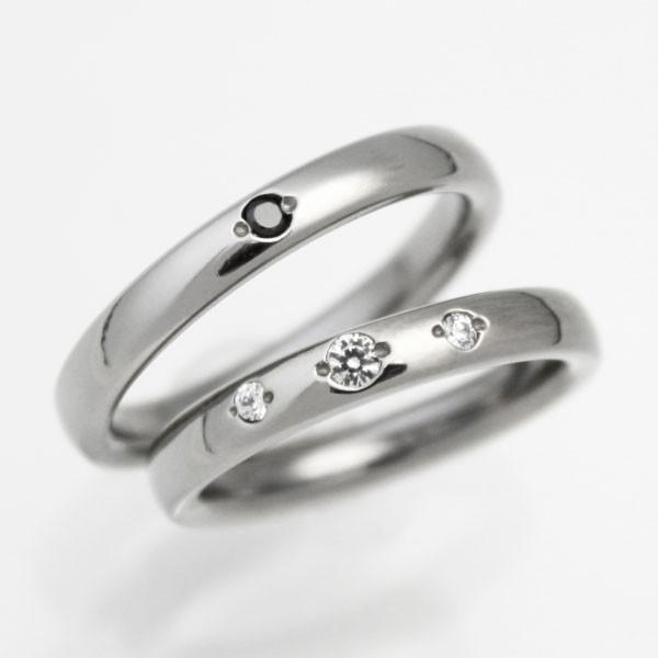 純チタン チタンリング 結婚指輪 ペアリング マリッジリング 金属アレルギー対応 ノンメッキ ノンコーティング 日本製 刻印無料 3ダイヤ＆ブラックダイヤ m-036の画像