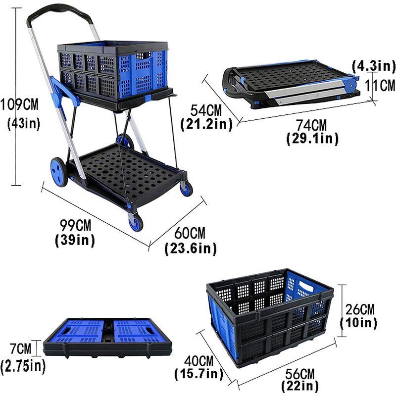 多用途機能的な折りたたみ式カート、2段台車移動式折りたたみトロリー、クレート付きショッピング　、?取り外し可能なバスケット付きの軽量で大容量
