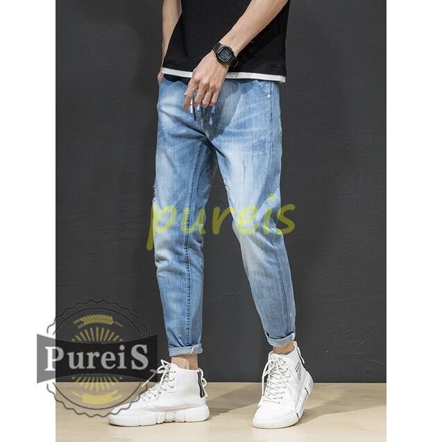 メンズデニムパンツ メンズ Gパン ジーンズ スキニー ウォッシュブルー ダメージ カジュアル 9分丈ボトムス リアル