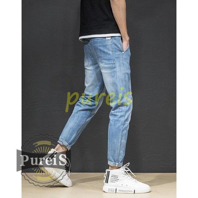 メンズデニムパンツ メンズ Gパン ジーンズ スキニー ウォッシュブルー ダメージ カジュアル 9分丈ボトムス リアル