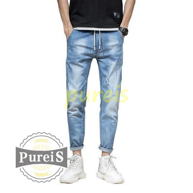 メンズデニムパンツ メンズ Gパン ジーンズ スキニー ウォッシュブルー ダメージ カジュアル 9分丈ボトムス リアル