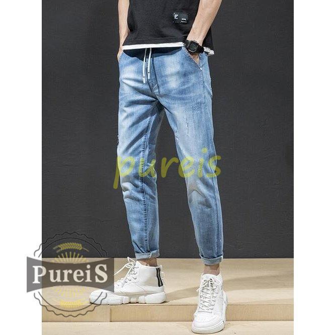 メンズデニムパンツ メンズ Gパン ジーンズ スキニー ウォッシュブルー ダメージ カジュアル 9分丈ボトムス リアル