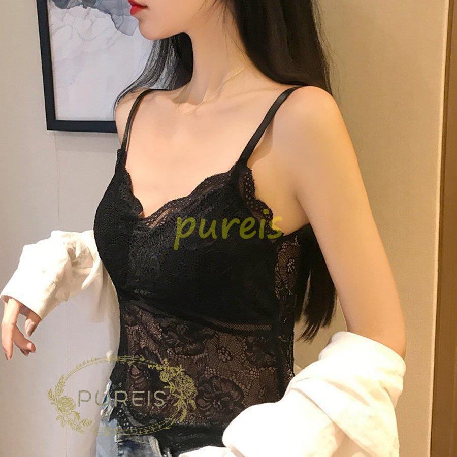 話題の行列 インナー キャミ レディース キャミソール 重ね着 ノンワイヤーブラレット 背中あき 総レース パッド付き 下着 Honeymoon Style