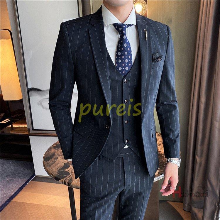 高級感高級感スリーピーススーツ メンズ ビジネス ストライプ 細身 3点