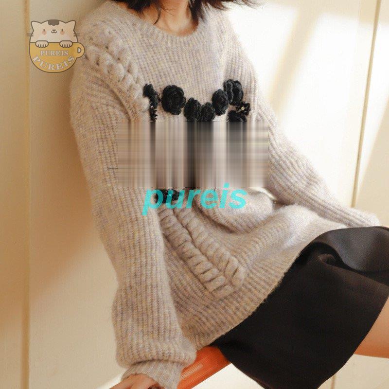 レディースファッショナブル三次元フラワーズラウンドネックヘッジセーター秋冬新しい韓国ゆるい怠惰な風編み物ジャケット スカートスーツ カラー グレー Ilgaimportadora Com