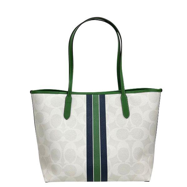 【美品 】COACH トートバッグ アイボリー×グリーン×ネイビー Coach Avenue Metallic Green Leather Carryall Satchel Tote Shoulder