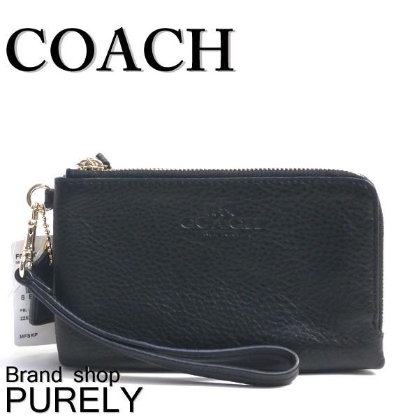 コーチ COACH ポーチ 小物入れ ペブルド レザー ダブル コーナー ジップ リストレット F64130 IMBLK ブラック 送料無料｜purely