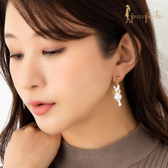 ピアス イヤリング お揃い 猫 ネコ 白猫 天使 羽 揺れる : purepoche