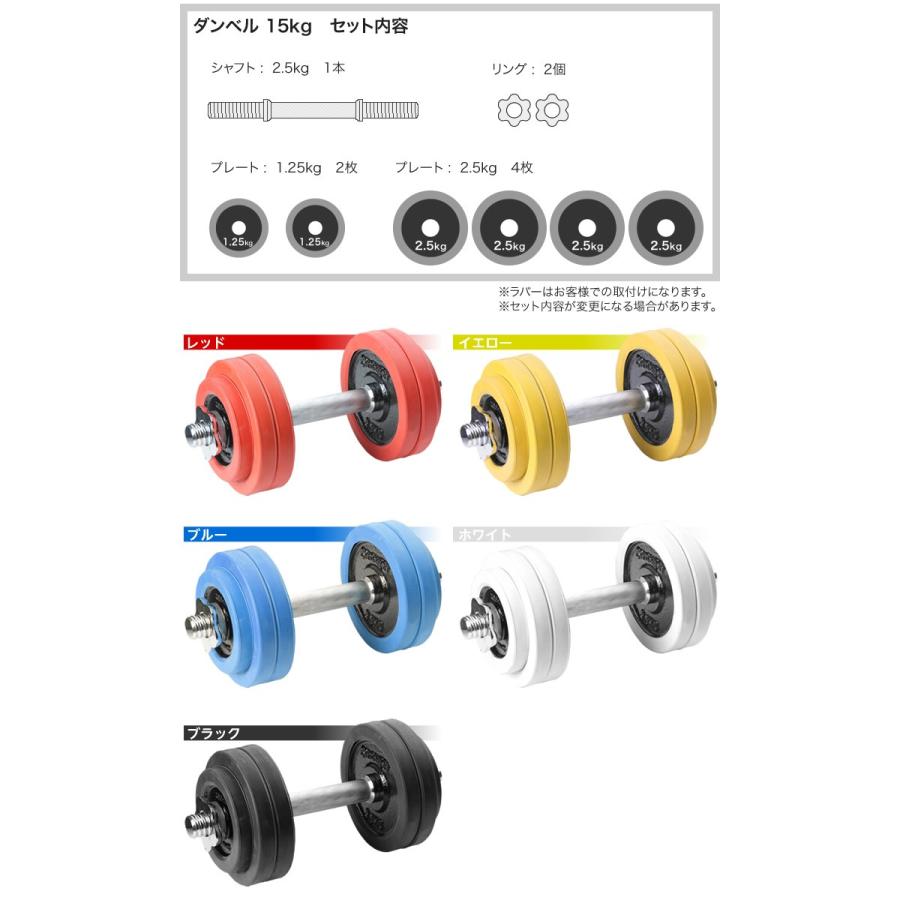 ダンベル セット 片手 15kg ラバー シャフト プレート 筋トレ