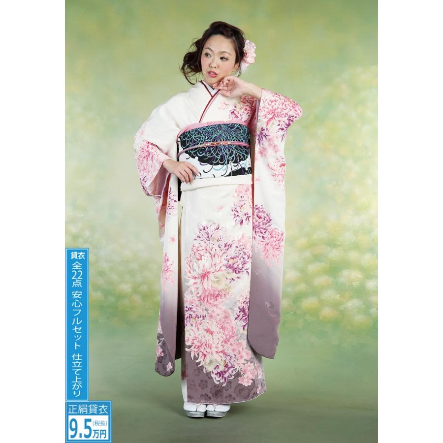 ホワイト系 高級正絹 送料無料 振袖レンタル 0395 成人式 結納 全22点一式フルセット 0395 ピュアサンタ 卒業式 0395