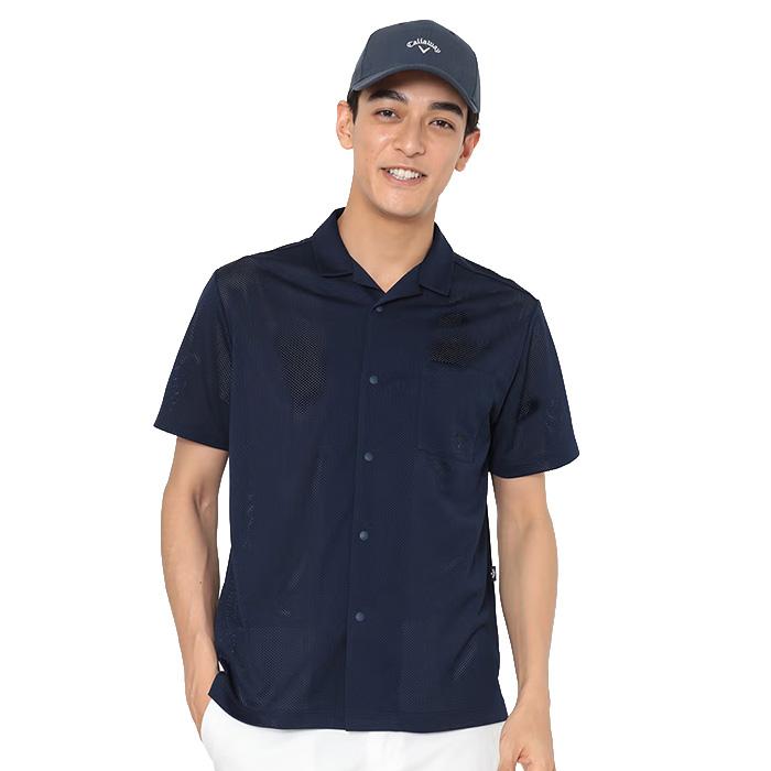 夏先取りセール✨Callaway メンズシャツ ネイビー Callaway（キャロウェイ） かざあなメッシュ開襟シャツ メンズ