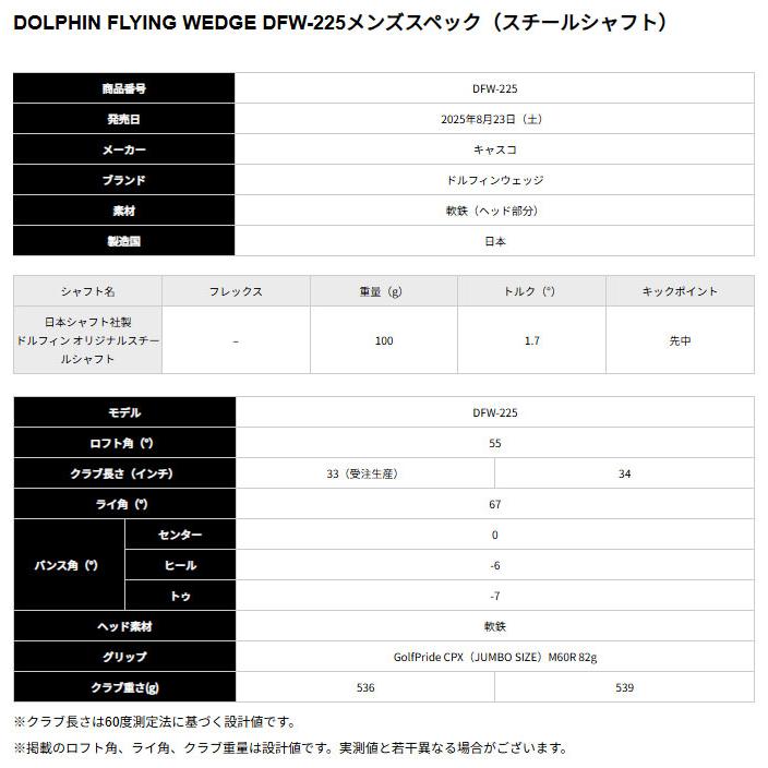 キャスコ ドルフィン ウェッジ メンズスペック DOLPHIN WEDGE DRW-225／DPW-225／DFW-225 オリジナル スチールシャフト 34インチ 2025年モデル kasco GOLF 爆買の画像