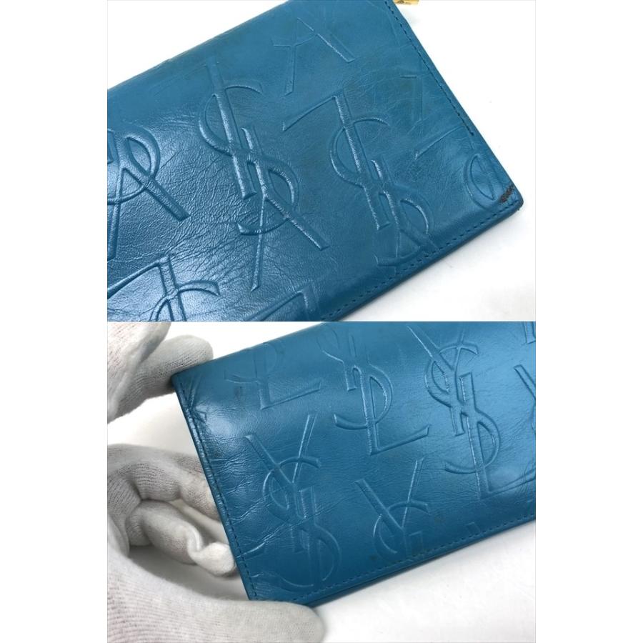 Yves Saint Laurent イヴサンローラン ロゴ 型押し ロングウォレット 二つ折り 長財布 ターコイズブルー オールド 8158｜purishonten｜04
