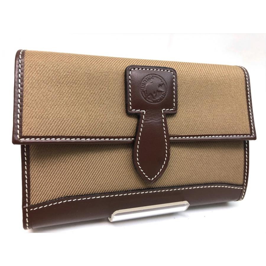 【未使用品】 ハンティングワールド　三つ折り財布　レザー　キャンバス　カーキ ハンティングワールド HUNTING WORLD メンズ 財布 二つ折り財布