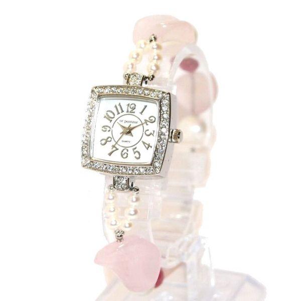 腕時計 レディース 時計 天然石 ブレスレット おしゃれ 日本製クォーツ プレゼント 記念日 誕生日 金属アレルギー ローズクォーツ バラ