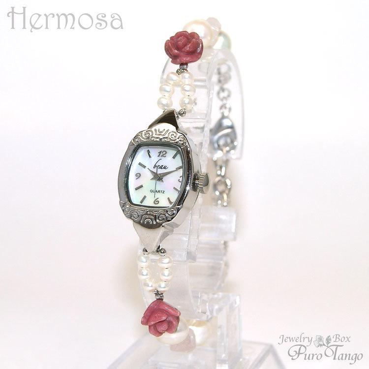 腕時計 レディース 時計 天然石 ブレスレット おしゃれ 日本製クォーツ プレゼント 記念日 誕生日 大人の女性 金属アレルギー ローズ 薔薇