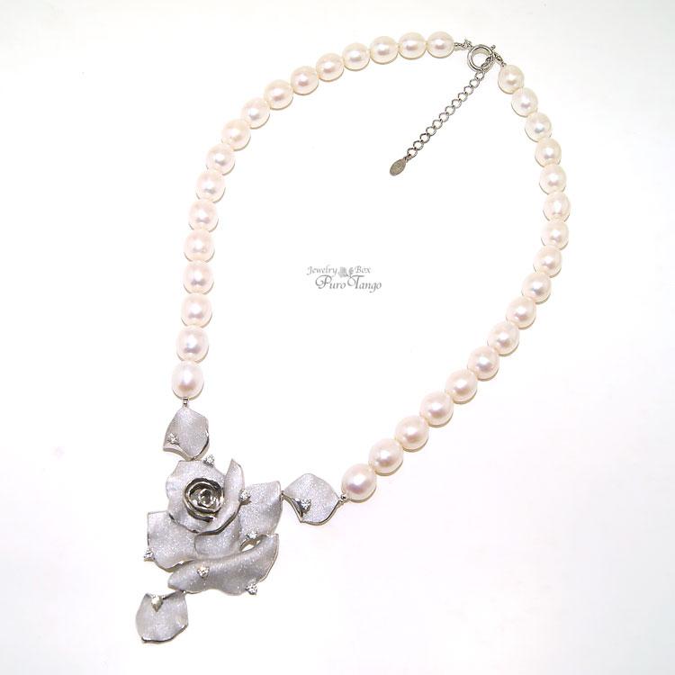薔薇 バラモチーフ ネックレス 真珠 パール アクセサリー ジュエリー 6月誕生石 記念日 プレゼント ギフ シルバー 送料無料の画像