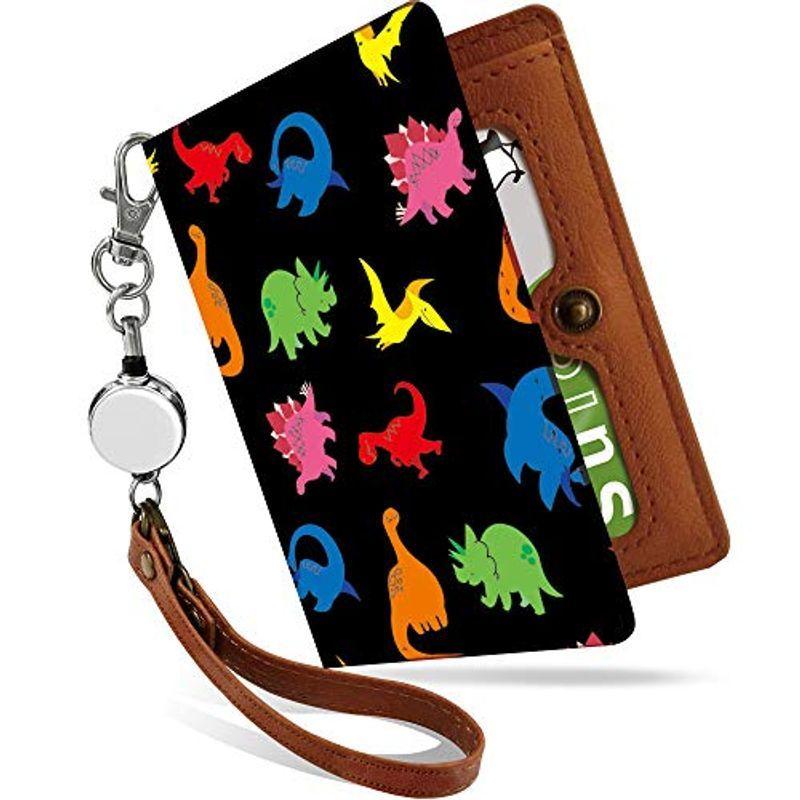 パスケース 定期入れ リール付き かわいい 恐竜 総柄 黒 ダイナソー 二つ折り 中がみえない おしゃれ レディース ティラノサウルス 雑誌で紹介された