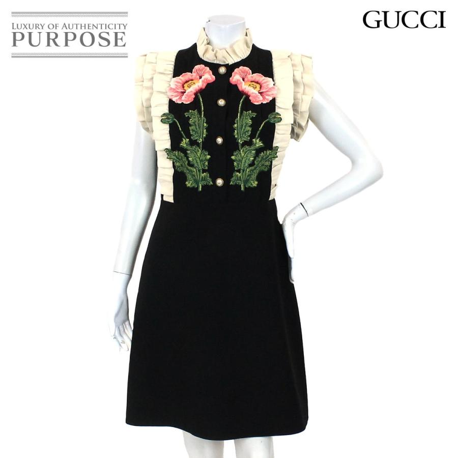 グッチ Gucci ワンピース エンブロイダリー ひざ下丈 フェイクパール ボタン 花 フリル ブラック サイズ 42 Gg レディース Supersport Tn
