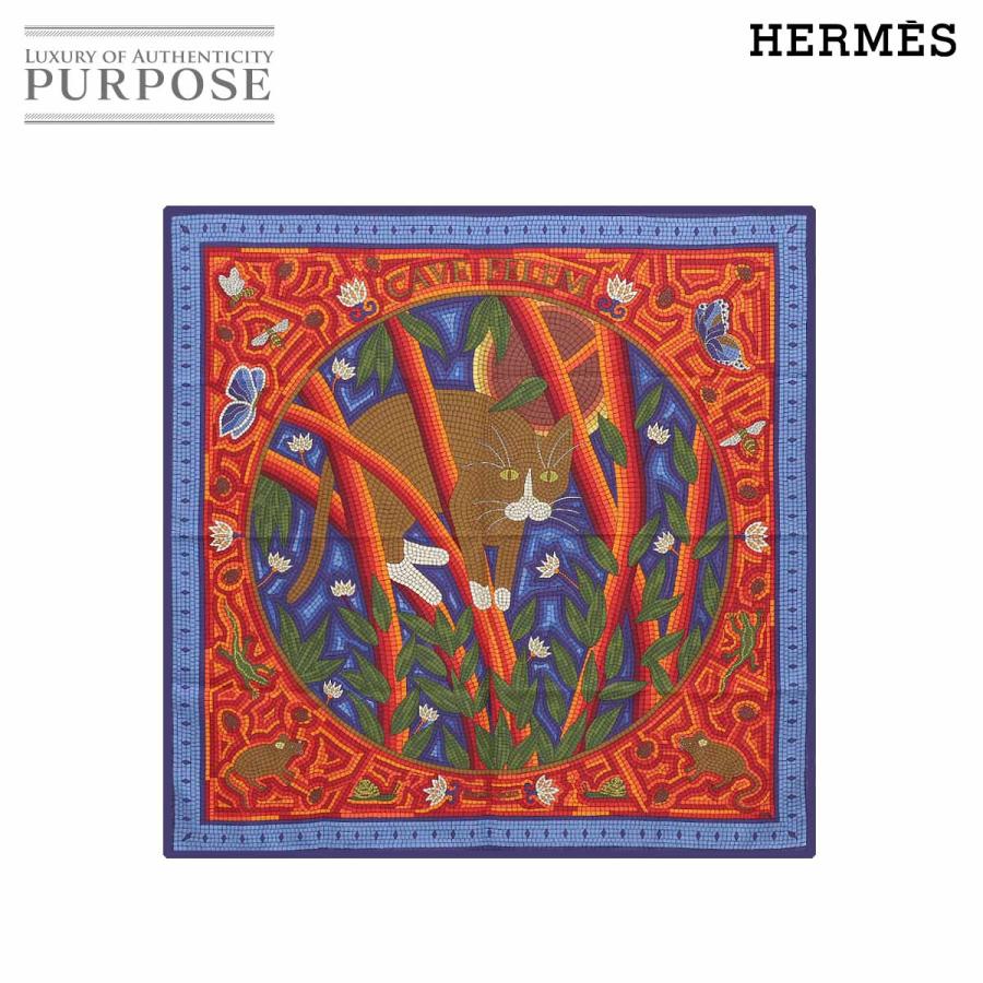 新品同様 エルメス HERMES カレ 90 大判 スカーフ CAVE FELEM 猫に注意