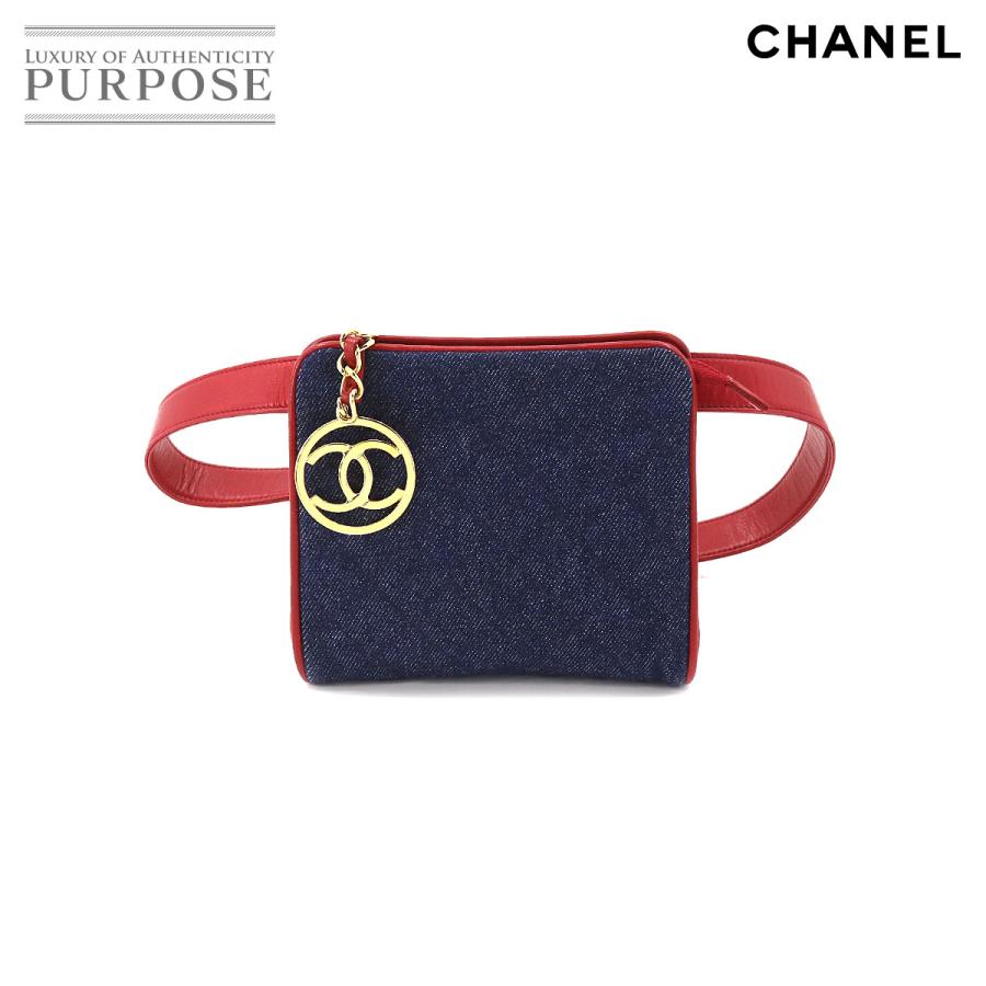 シャネル CHANEL ウエスト バッグ ポーチ デニム レザー ブルー レッド ヴィンテージ ゴールド 金具 Waist Belt Bag