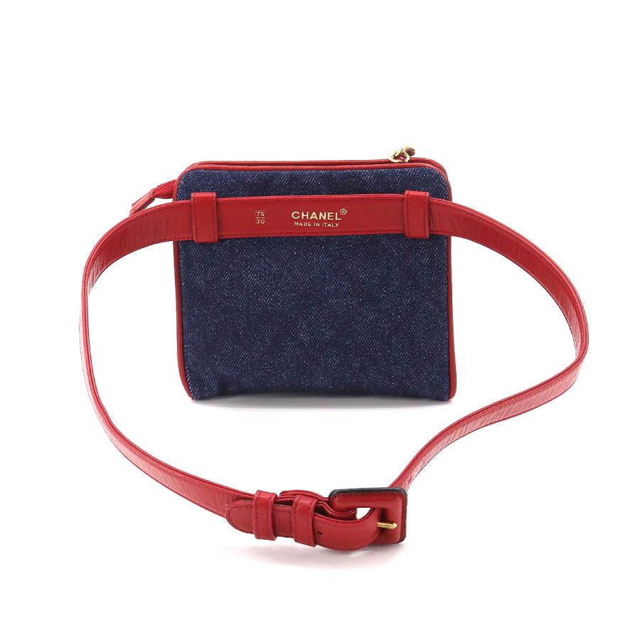 シャネル CHANEL ウエスト バッグ ポーチ デニム レザー ブルー レッド ヴィンテージ ゴールド 金具 Waist Belt Bag