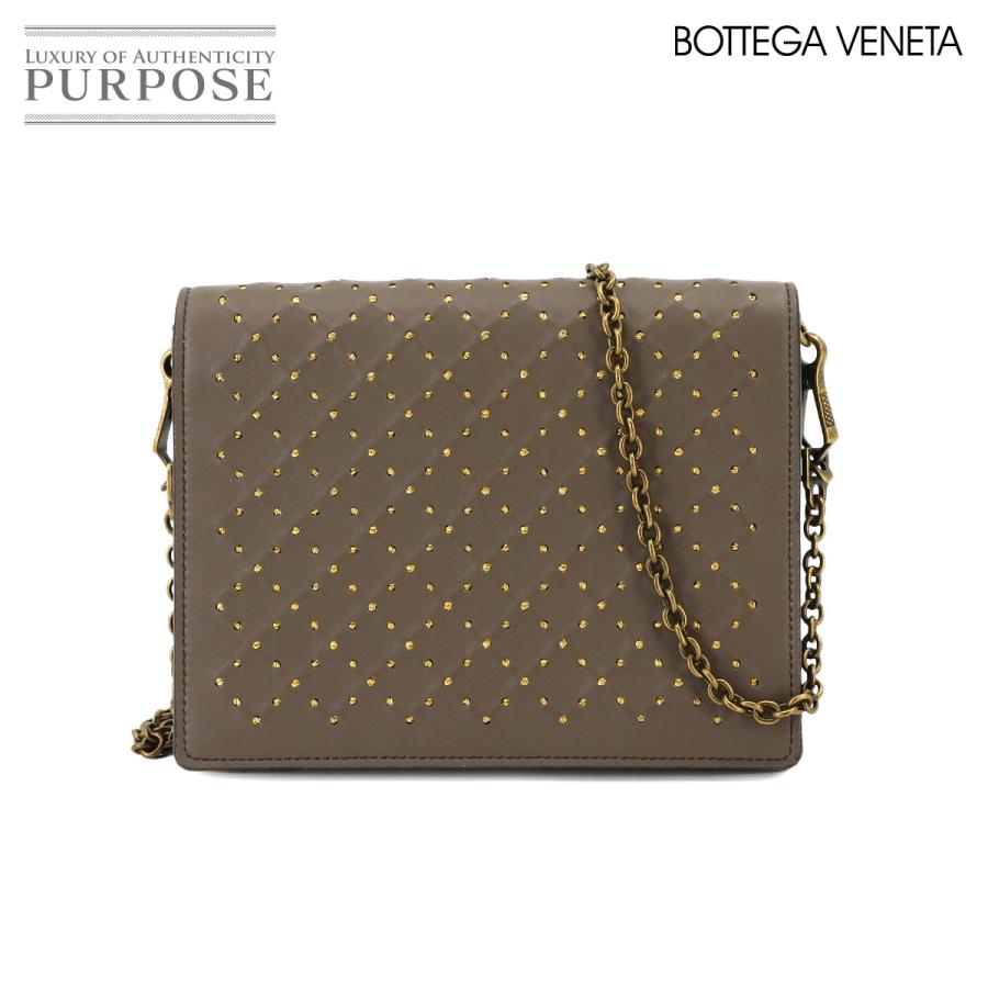 新品同様 ボッテガ ヴェネタ BOTTEGA チェーン ウォレット 二つ折り レザー ブラウン ゴールド Chain