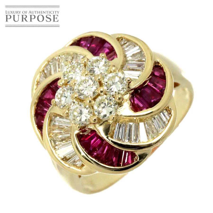 リング 14.5号 ルビー 1.30ct ダイヤ 1.45ct K18 YG イエローゴールド  