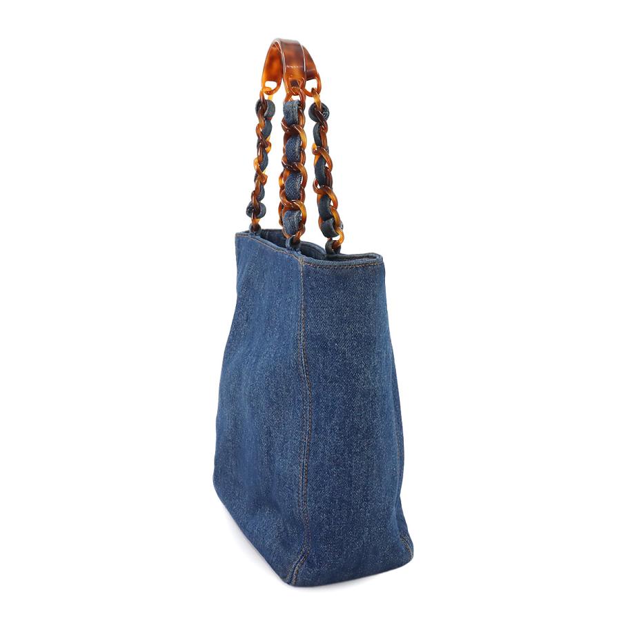 シャネル CHANEL べっ甲調 プラチェーン トート バッグ デニム ブルー  