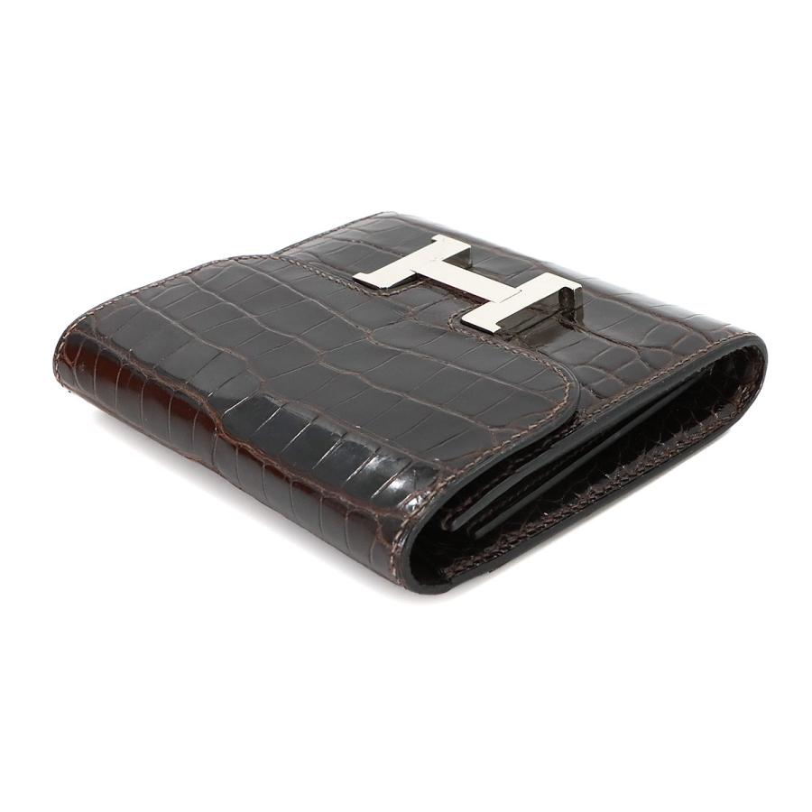 エルメス HERMES クロコダイル コンスタンス コンパクト 二つ折り 財布 クロコダイル アリゲーター エベンヌ □O刻印 VLP 90272432 HERMES（エルメス） クロコダイル コンスタンス コンパクト 二つ折り