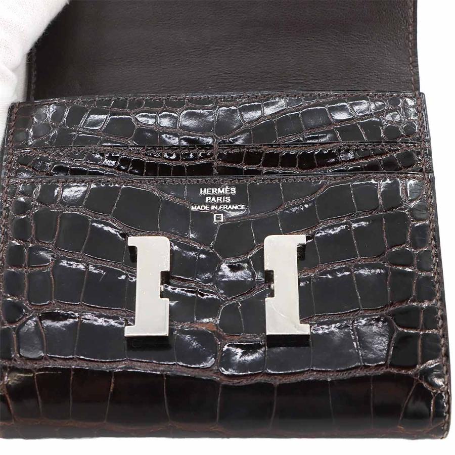 エルメス HERMES クロコダイル コンスタンス コンパクト 二つ折り 財布 クロコダイル アリゲーター エベンヌ □O刻印 VLP 90272432 HERMES（エルメス） クロコダイル コンスタンス コンパクト 二つ折り