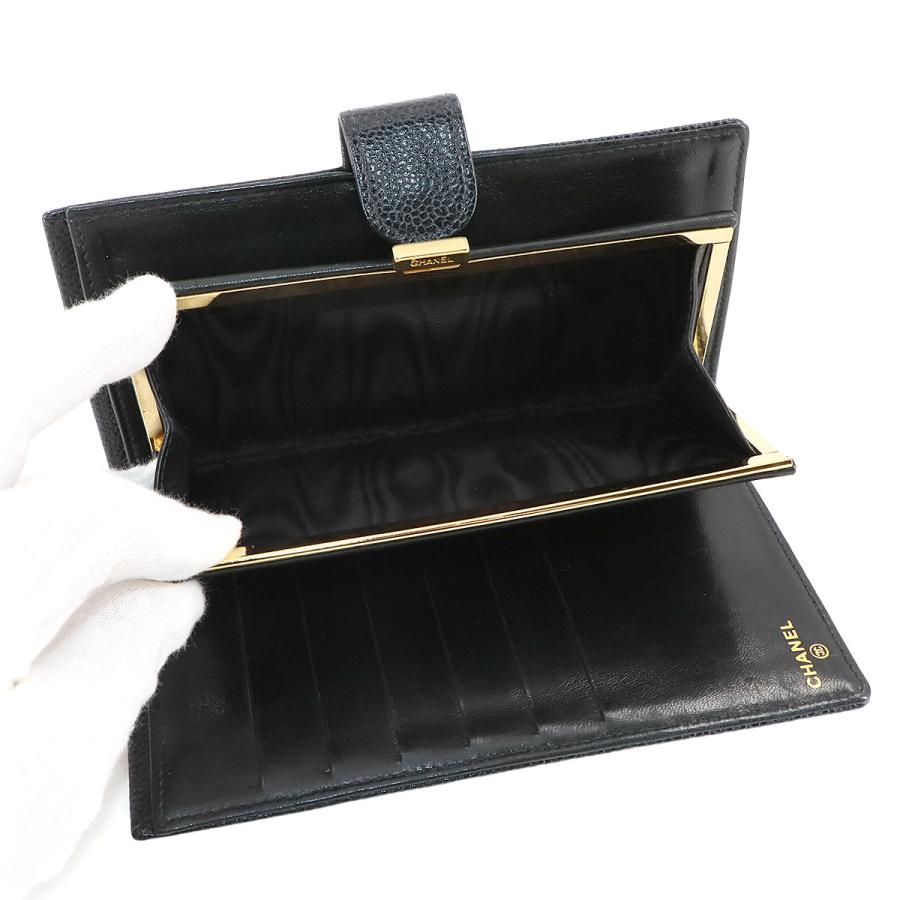 シャネル CHANEL キャビアスキン 二つ折り 長財布 がま口 レザー ブラック A13498 ココマーク ヴィンテージ Long Wallet 90277090の画像