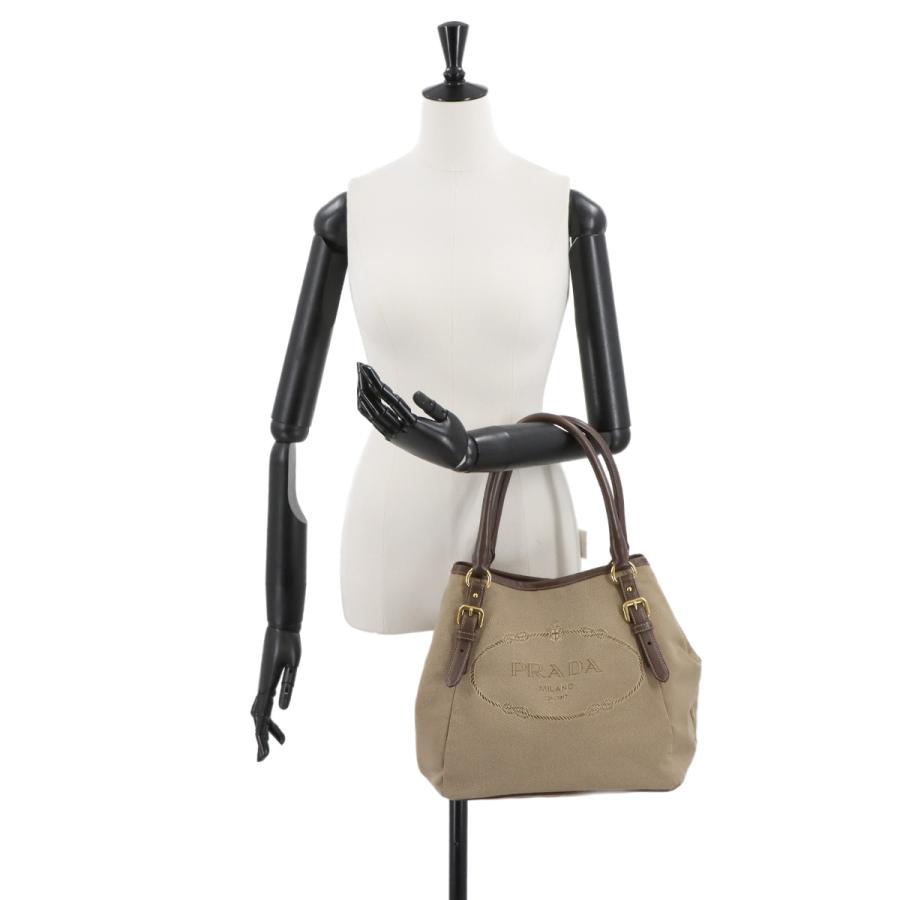 美品】PRADA プラダ キャンバス×レザー ショルダーバッグ ベージュ