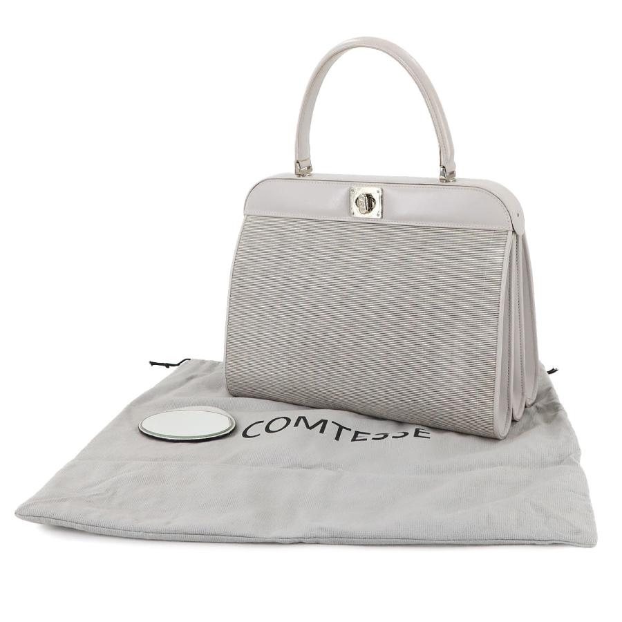 美品✨コンテス　ハンドバッグ　シルバー　フォーマル　ホースヘアー　ミラー付き COMTESSE（コンテス） ホースヘア ハンド バッグ レザー ライトグレー