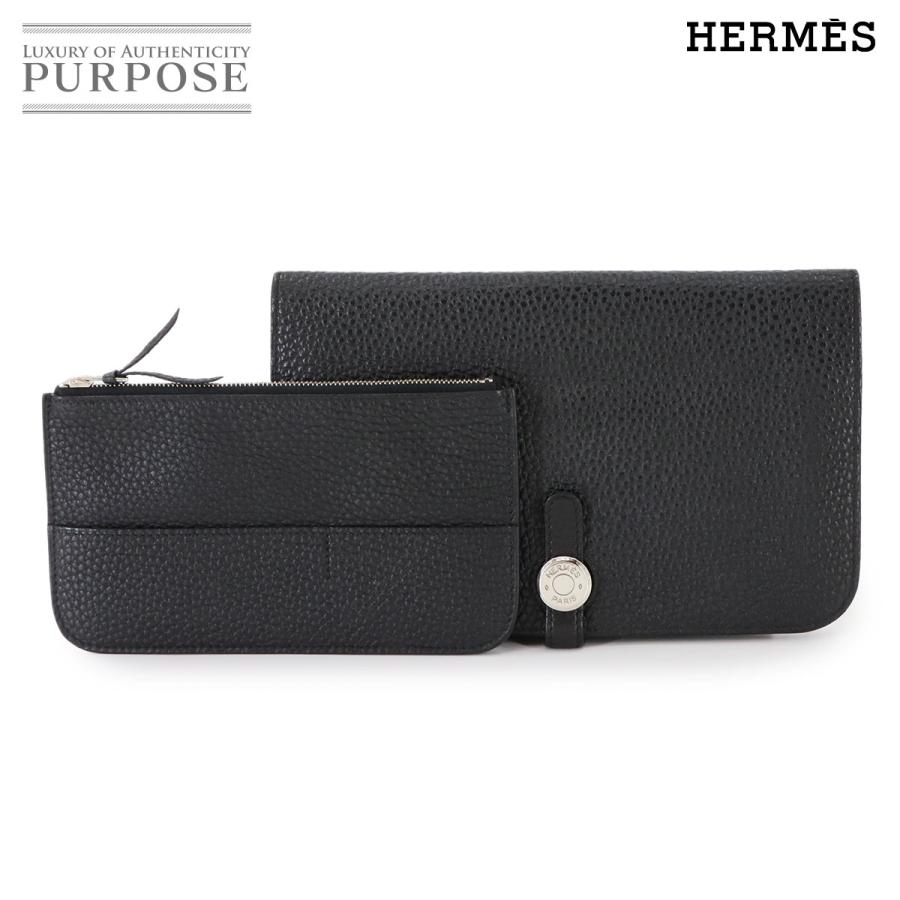 HERMES 美品 エルメス ドゴン GM 二つ折り 長財布 トゴ ブラック □O  